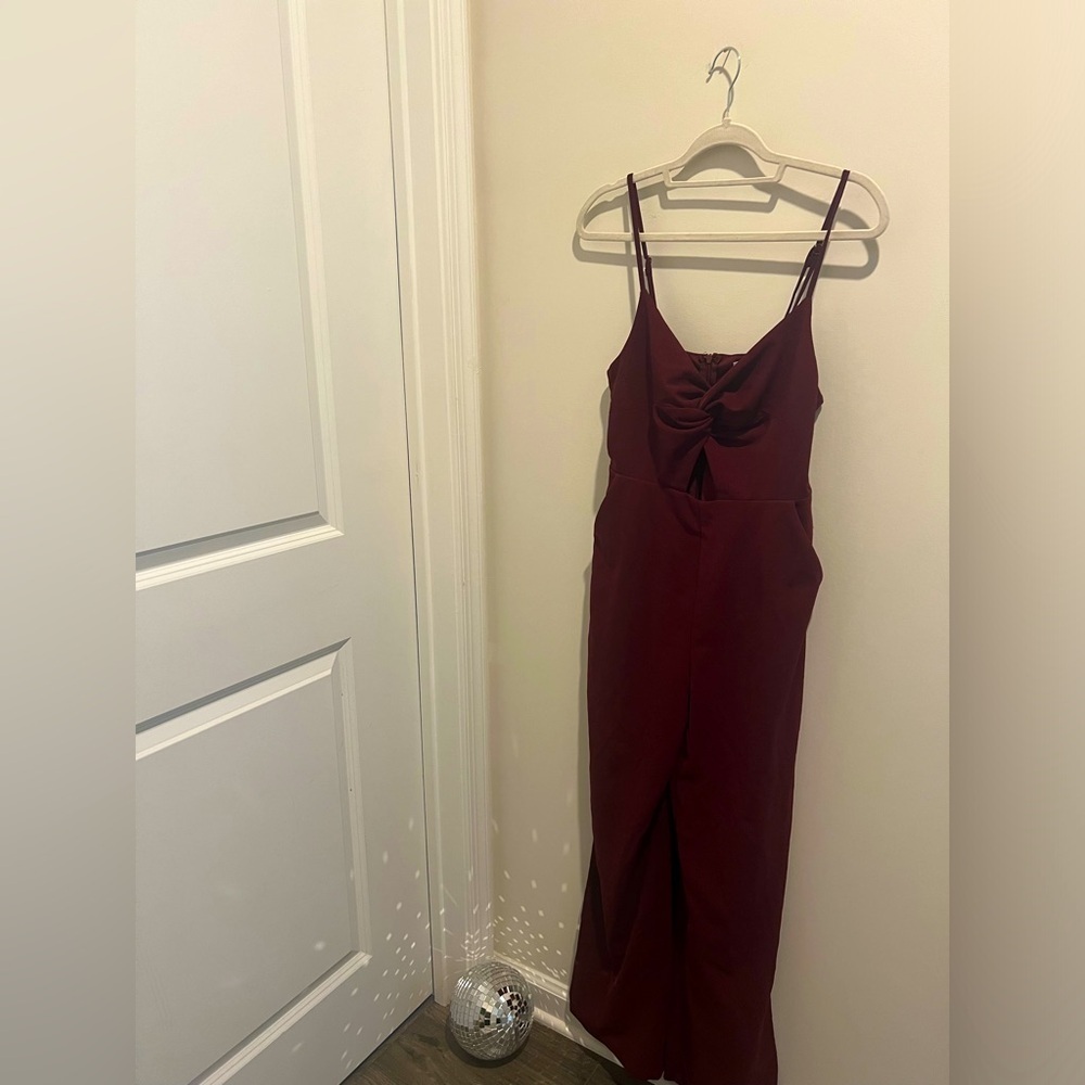 LUSH Geanna Burgundy Twist-Front Jumpsuit - Picture 5 of 11